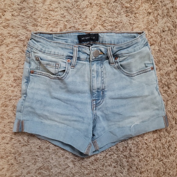 Aeropostale Other - Aeropostale Denim Shorts Girls Size 4 Light Wash High Rise Midi Cuffed Stretch